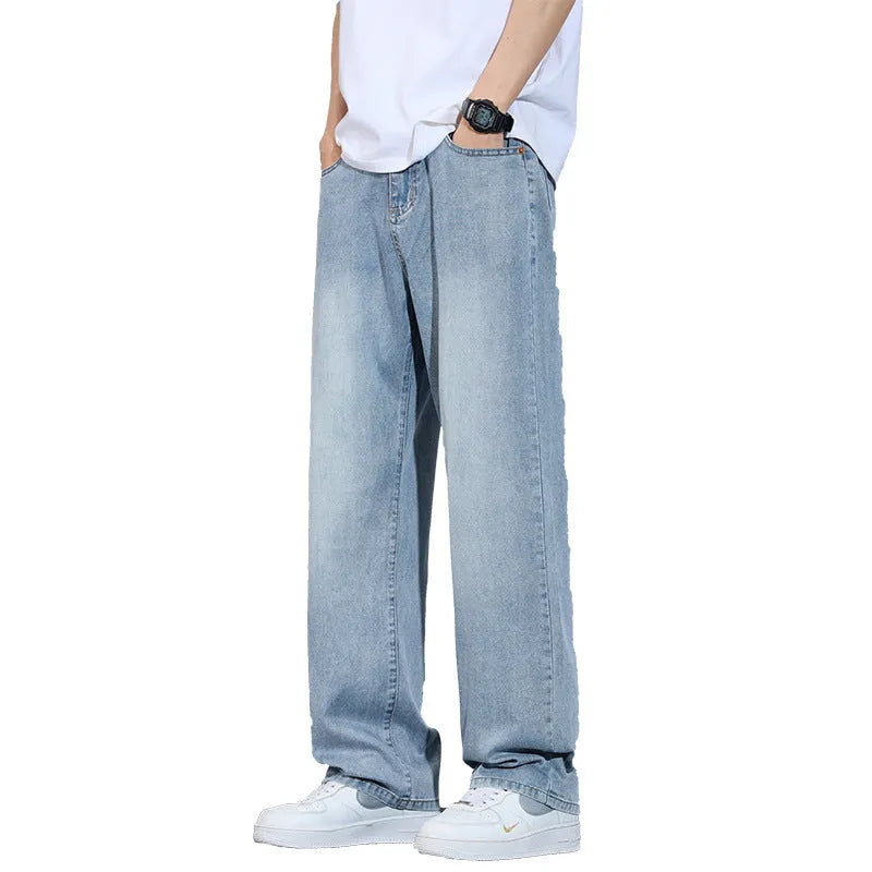 Man wearing straight-leg light blue denim casual trousers for leisure