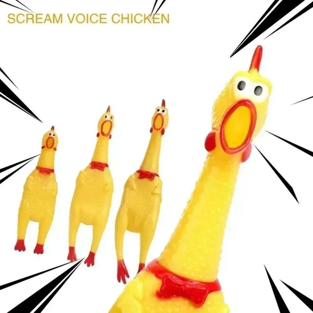 Yellow rubber Screaming Chicken squeaky dog chew toy shown in small, medium, and large sizes.