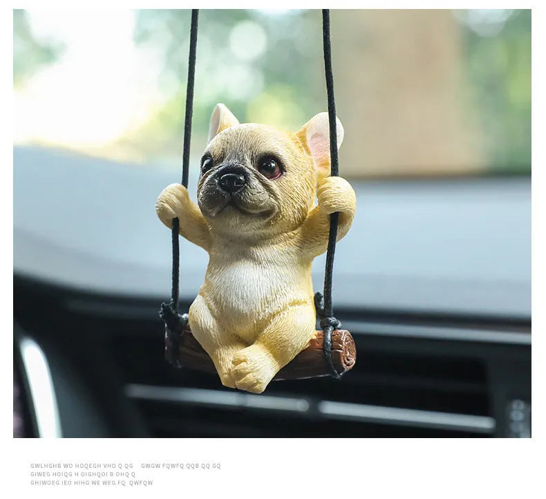 Resin bulldog car pendant hanging ornament in cartoon style for rearview mirror.
