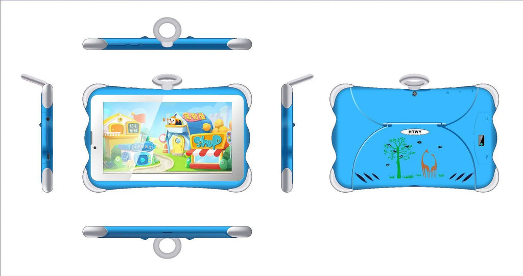 7-inch children's learning tablet in cartoon colours, shown with its foldable stand open, on a table.