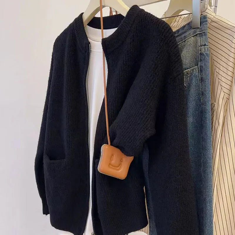 Beige soft glutinous viscose fibre sweater coat cardigan open front long sleeves