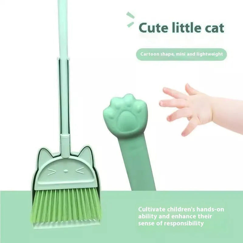 Broom and dustpan cleaning set with rotating brush holder in purple, green, or beige