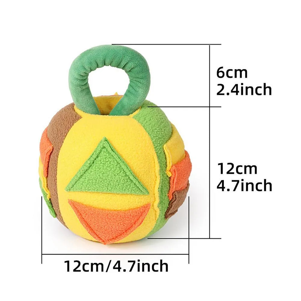 Pink and green plush dog ball toy with treat pockets and squeaker for small to medium dogs