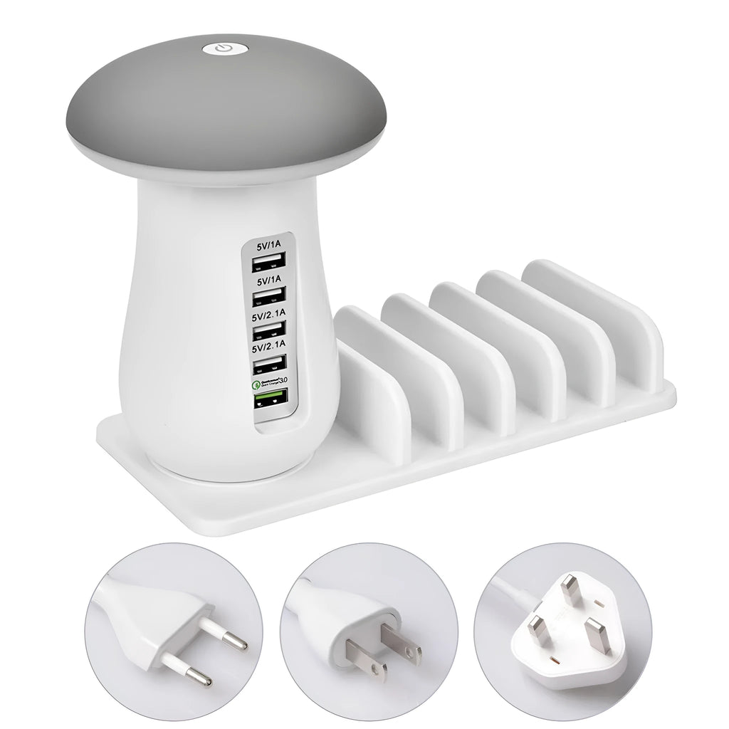 White mushroom-shaped USB charging dock with 5 ports and built-in LED night light on a desk