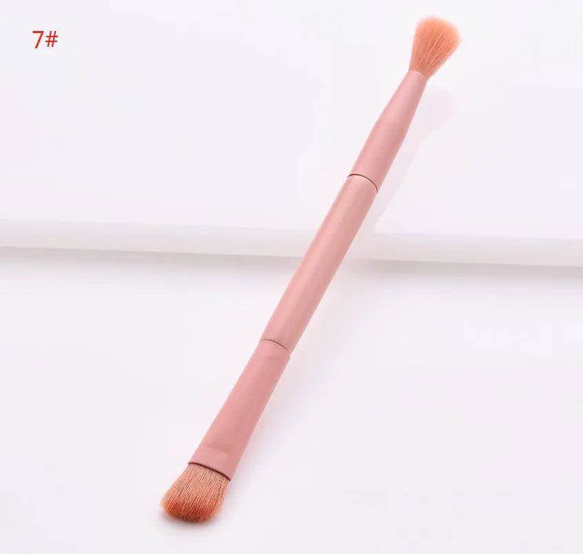 10-piece wooden handle makeup brush set with nylon bristles in a storage case.