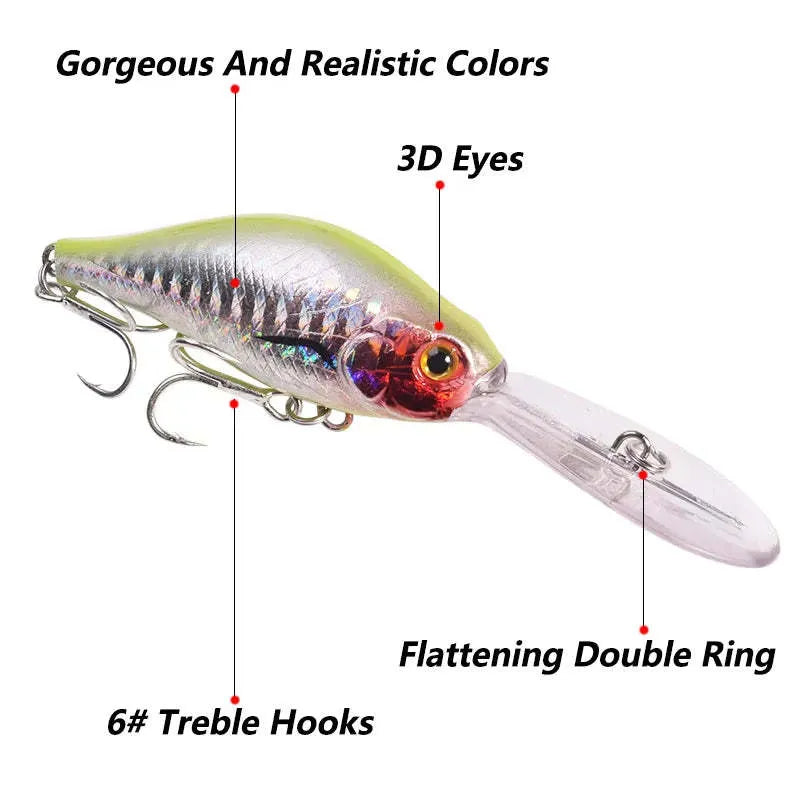 Little Fat Man deep diving minnow fishing lure showing colour options, 10.5cm in length.