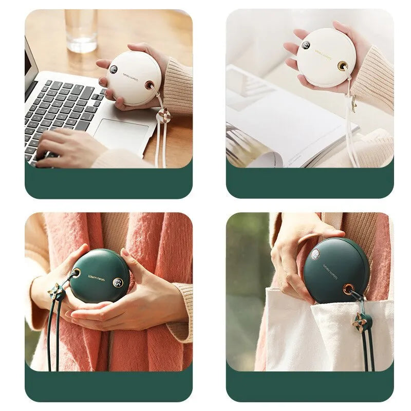 Green hand warmer power bank with digital display showing 5000mAh capacity and heating function