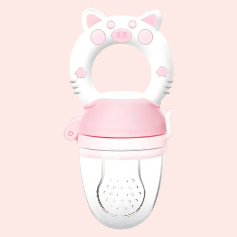Soft silicone baby teether in blue, green, and pink colours with one or three mouthpiece options.