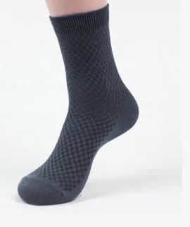 Men's bamboo fibre business socks with small square pattern in black, navy blue, and grey colours.