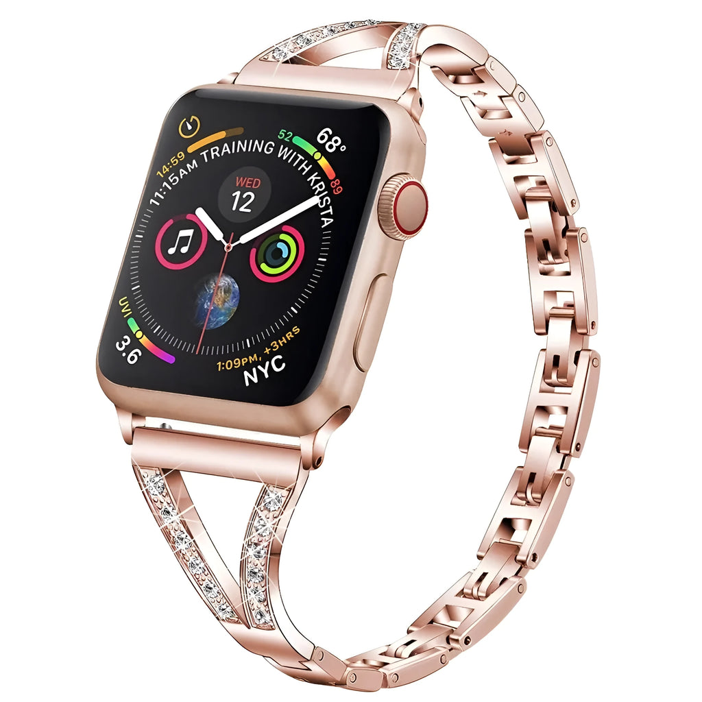 Stainless steel Apple Watch strap with diamond-studded bezel in rose gold colour