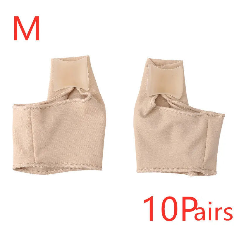 A pair of stretch fabric bunion socks with a soft gel pad and silicone toe separator in sizes small, medium, and large.