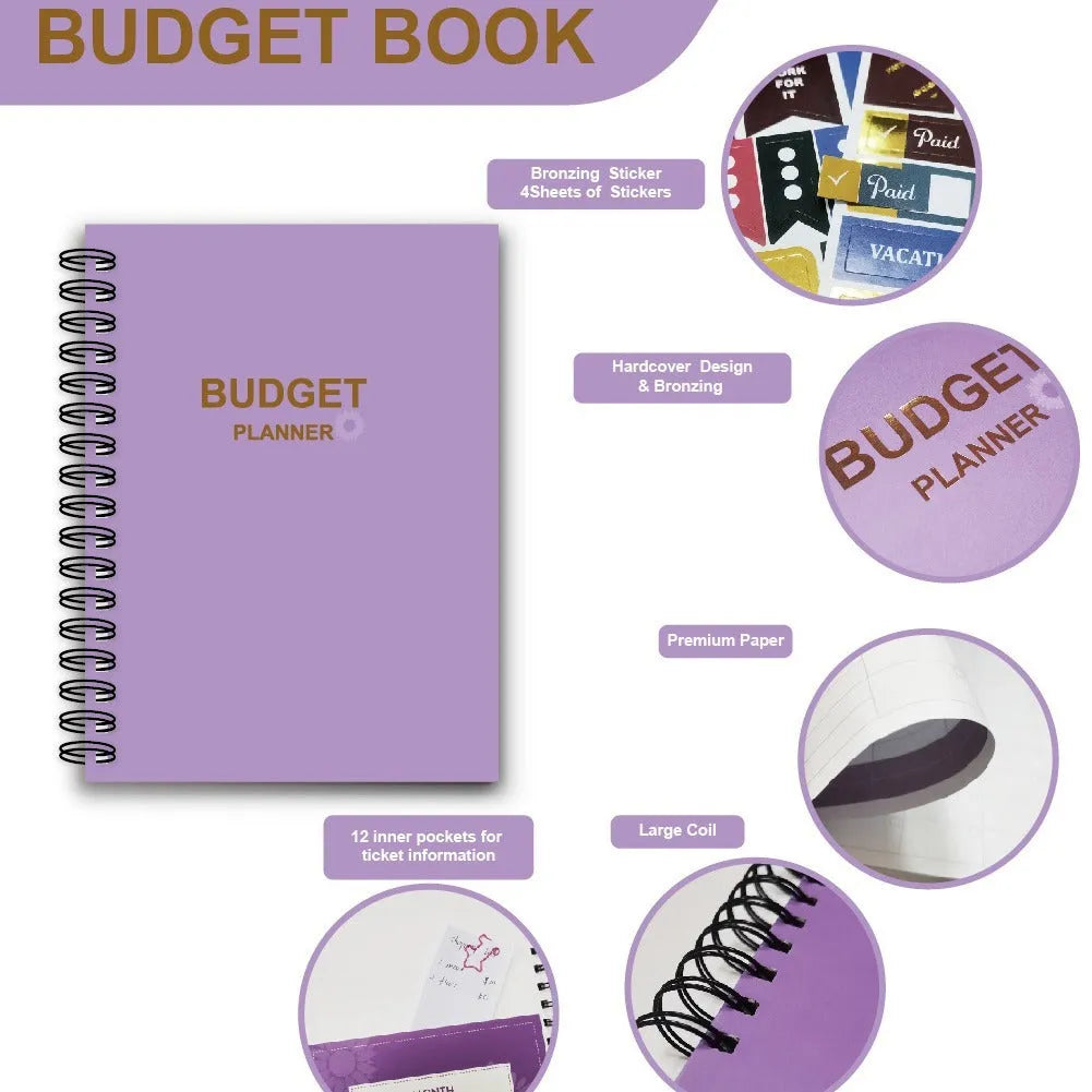 Purple coil-bound budget book open showing monthly financial planning layout with stickers and paper clips