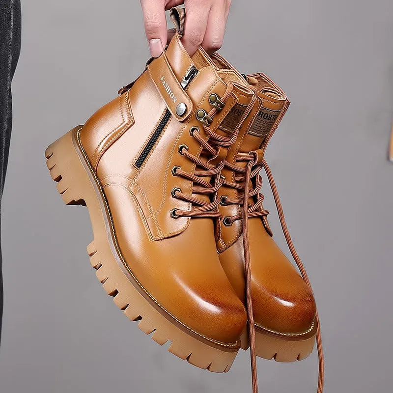 Men's light brown thick-soled high-top Martin boots with side zipper and round toe design