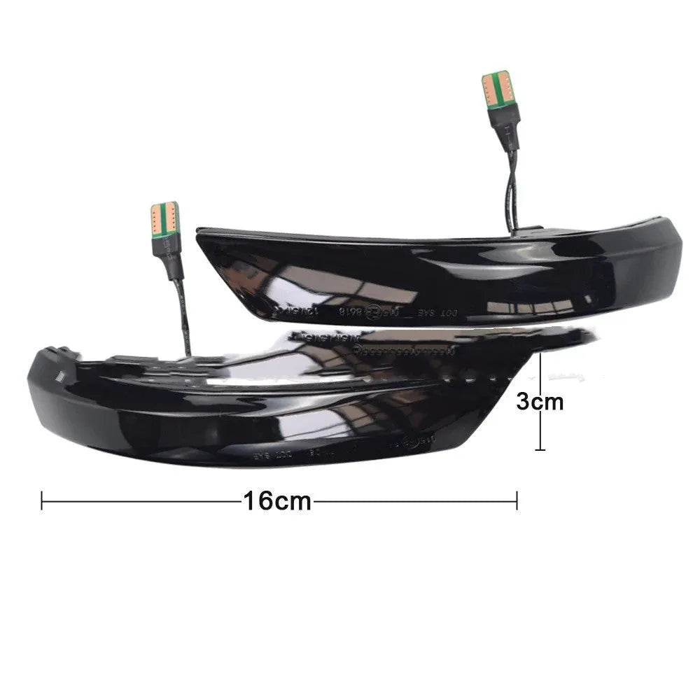Pair of rearview mirror waterfall lights for Ford Focus and Mondeo showing sequential flow effect in yellow or two-tone blue.