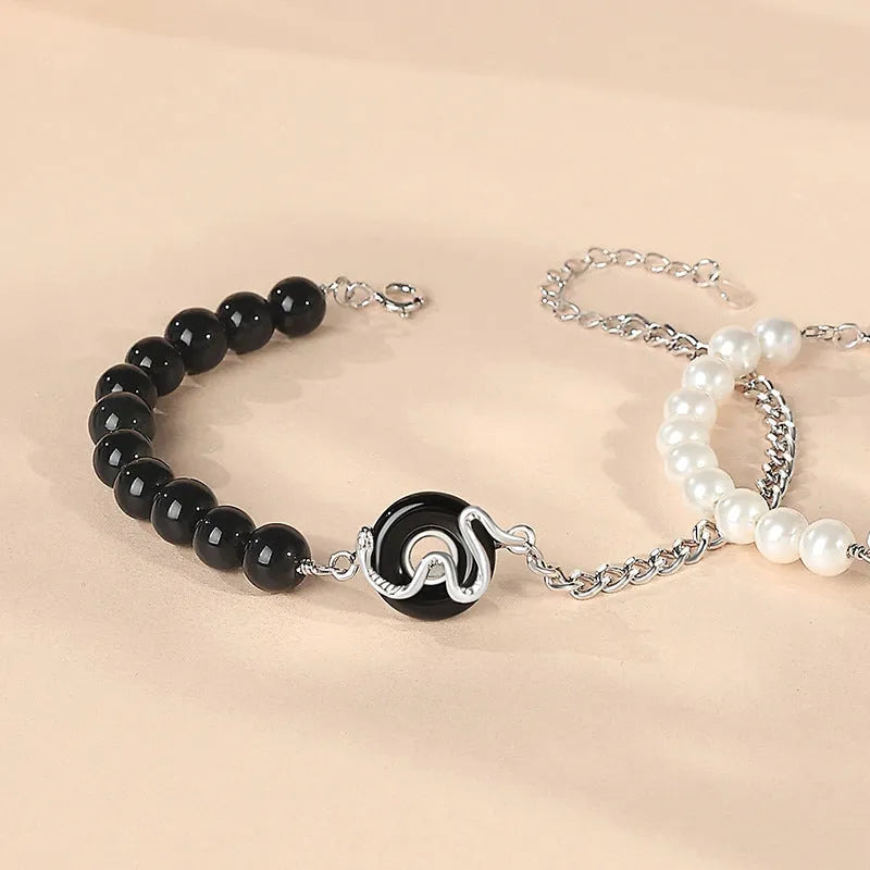 New Chinese style 925 sterling silver couple bracelet with obsidian pearl and snake zodiac design