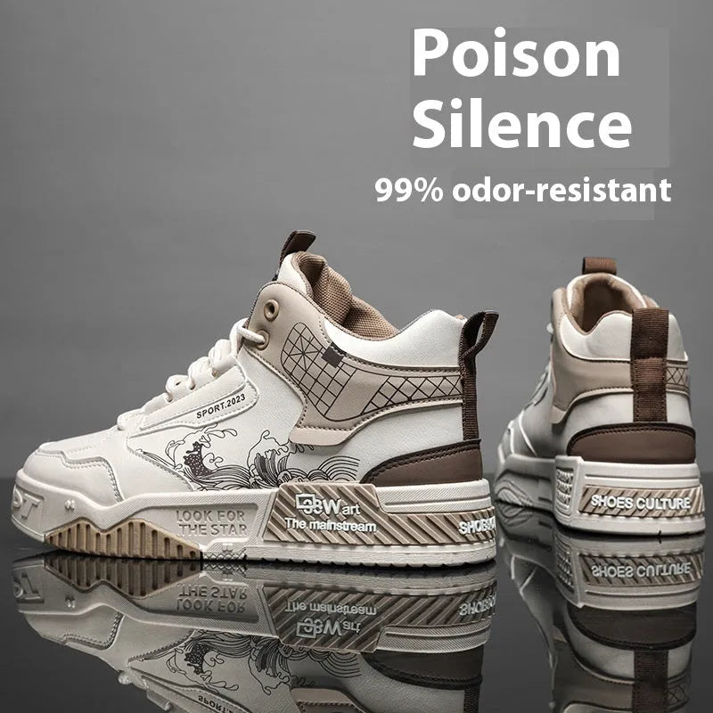 Men's high-top board shoes in beige with white and blue accents, lace-up design with rubber sole