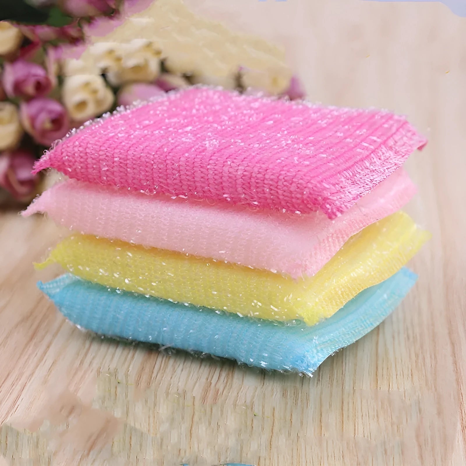 Pinstripe fabric dishwashing sponge mop in macaron mixed colour measuring 12x8.5x1.5cm