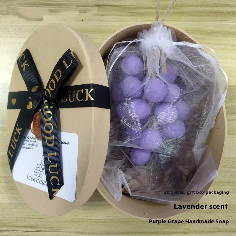 Grape handmade soap bars in black, green, purple and litchi variants showing mesh bag, gift box and long case packaging.