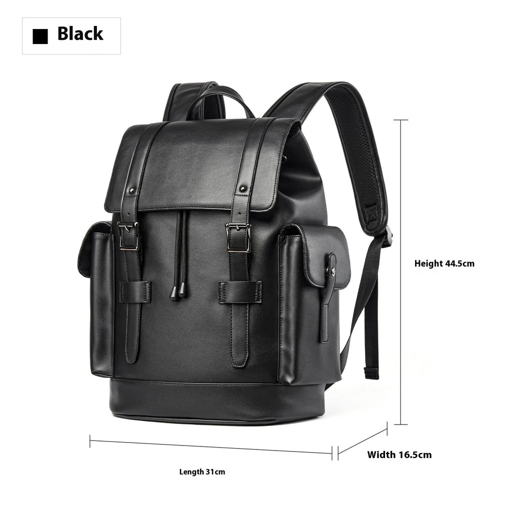 Men's black PU leather backpack large capacity business computer bag with waterproof function