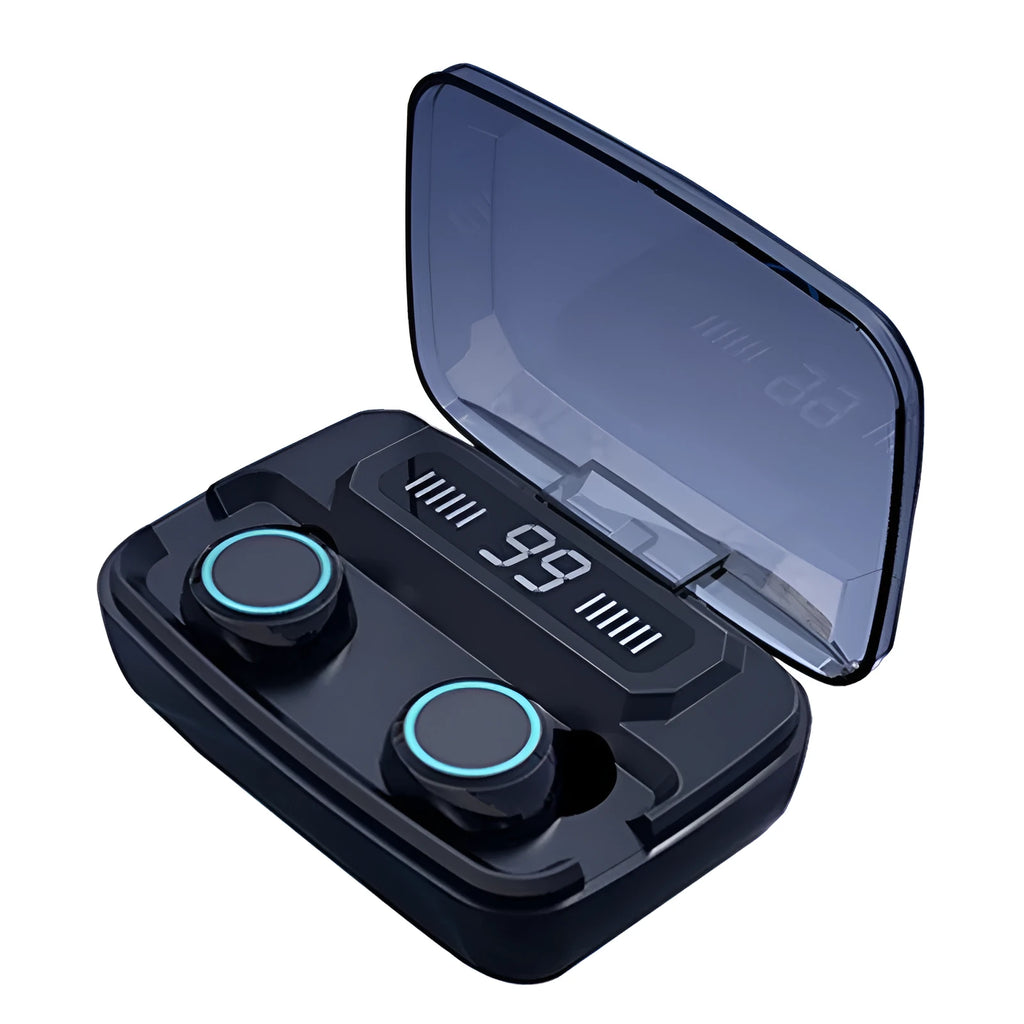 Black M11 style wireless Bluetooth headset with digital display, shown with its charging case that has a built-in mobile phone holder.