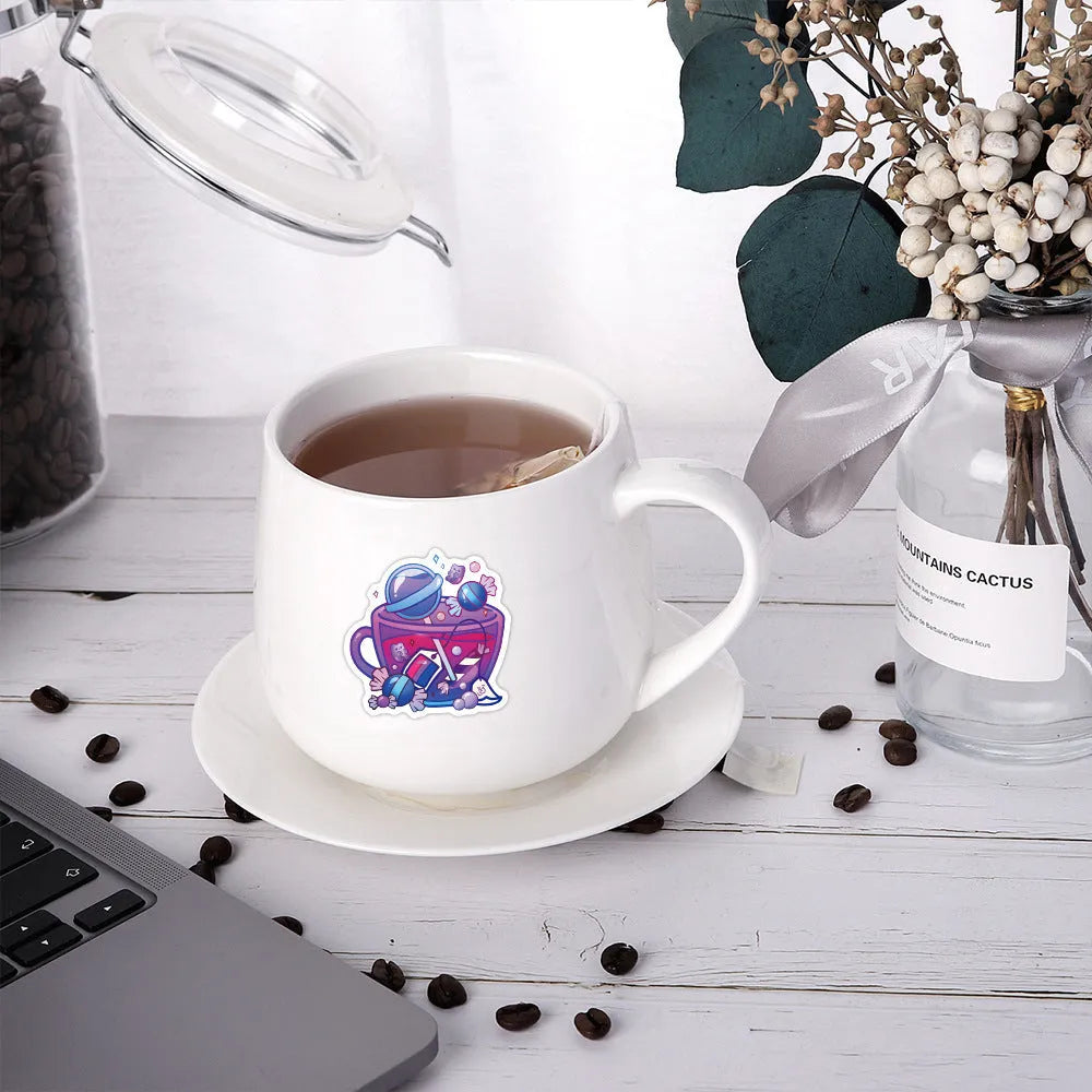 Colourful tea cup graffiti waterproof stickers in Nordic style, 50-piece pack for sports equipment and luggage