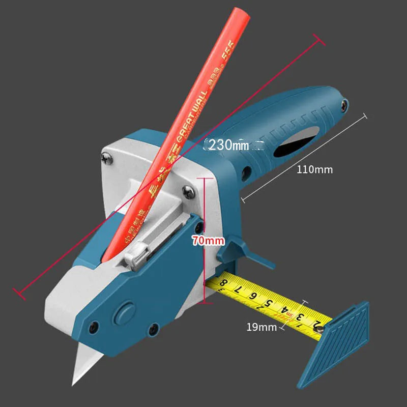 Blue multifunctional woodworking cutter with aluminium alloy frame and TPR handle for dust-free board cutting.