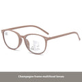 Ultra-light metal frame multi-focus presbyopic glasses for women in a champagne box colour.