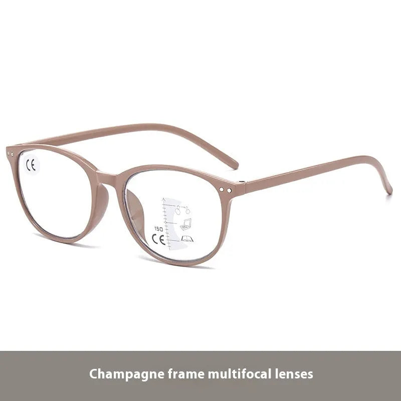 Ultra-light metal frame multi-focus presbyopic glasses for women in a champagne box colour.