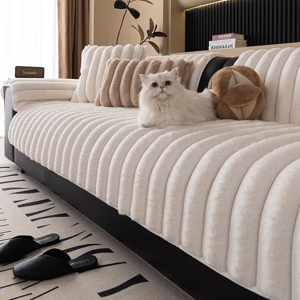 Striped Rabbit Plush Thickening Sofa Cushion Winter Non-Slip Flannel Furniture Cover in Multiple Sizes Colour Options Dark Gray Light Coffee Milky White for Home Living Room Use