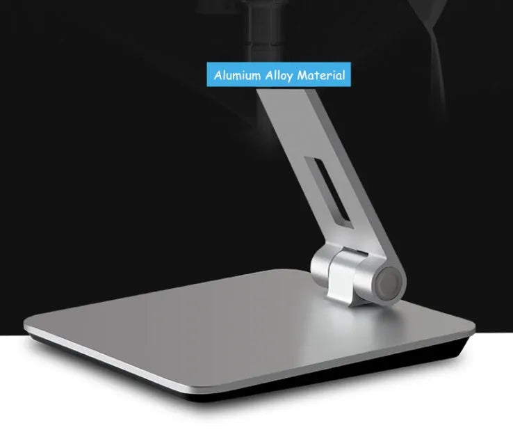 Silver folding aluminium desktop phone and tablet stand with 360° rotating base