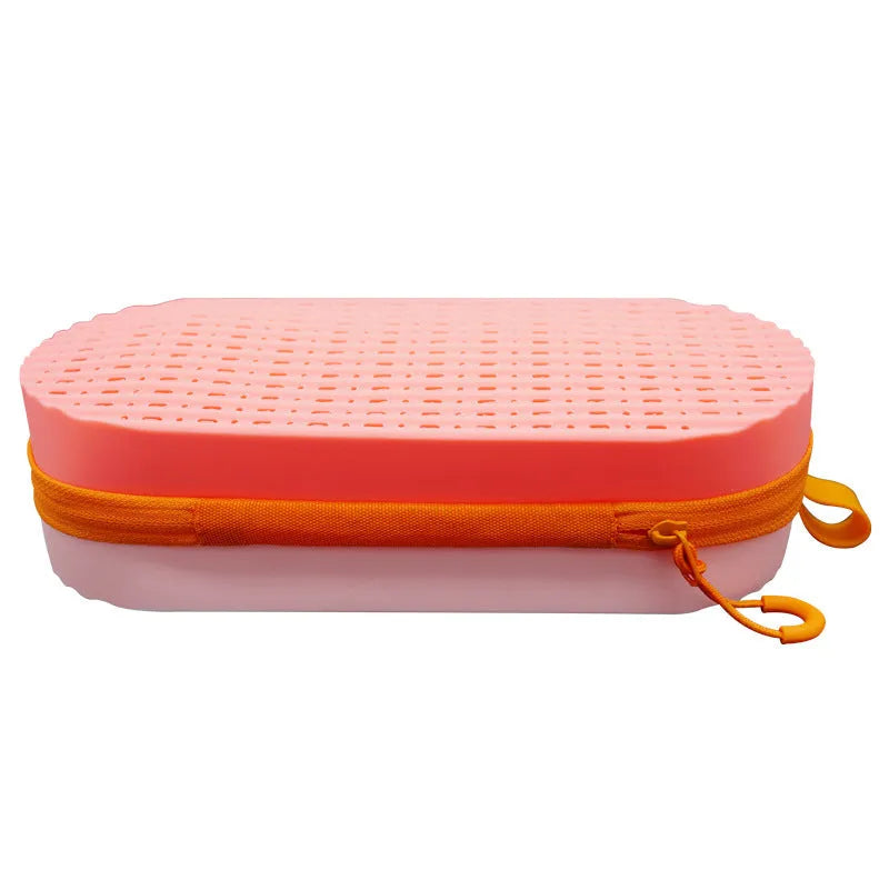 A soft silicone glasses case in a long hand shape, shown in a colour option like black or dark purple rose red.