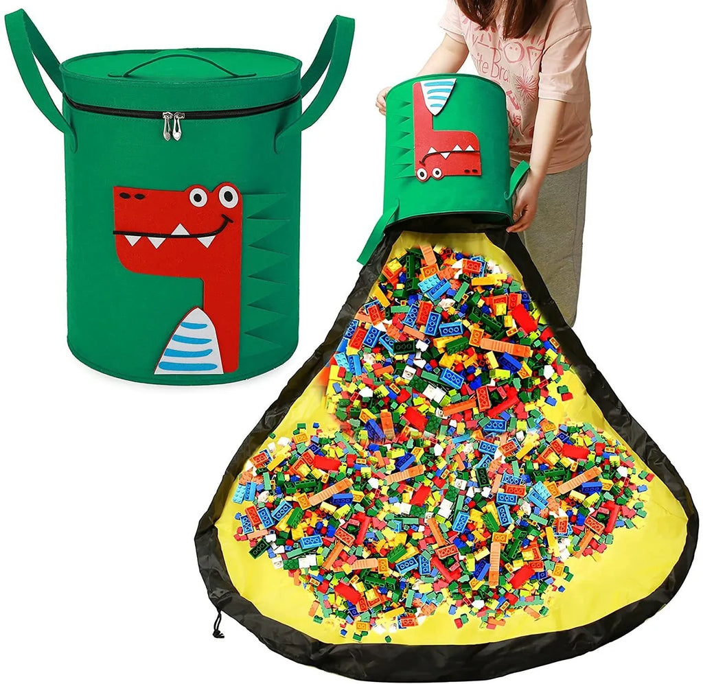 Green felt cube storage bag open as play mat with pull rope closure for toy organisation
