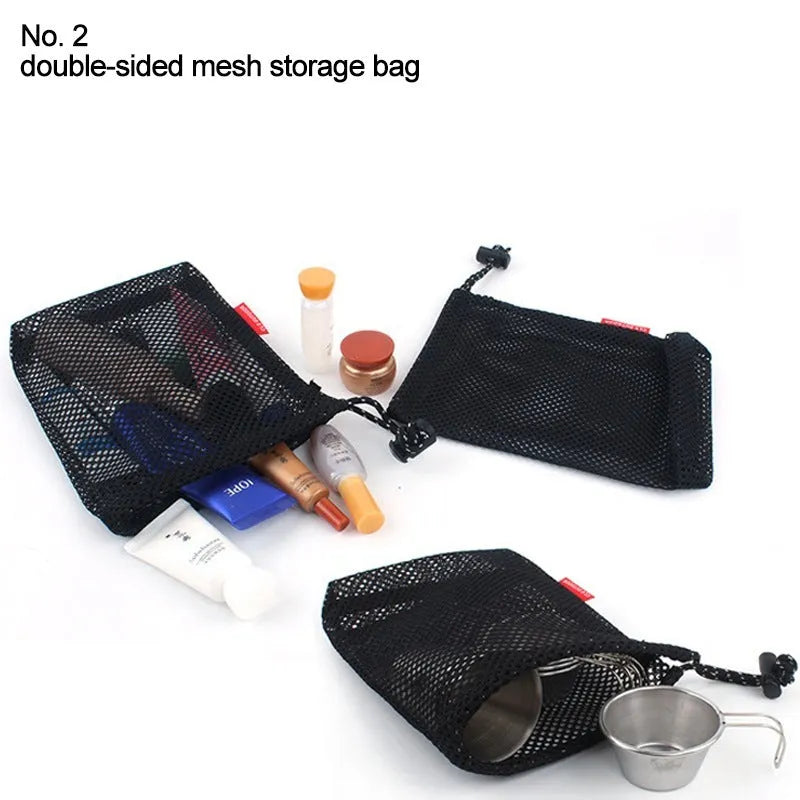 Red outdoor travel storage bag set with zippered compartments and mesh panels