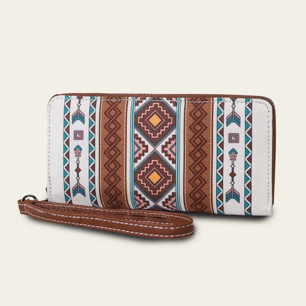 Bohemian striped canvas RFID blocking wallet in beige, black and red, khaki, or spearmint