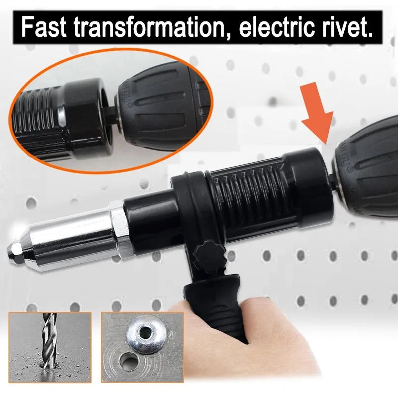 Black metal electric drill rivet gun with handle, wrench, and multiple rivet heads for industrial applications