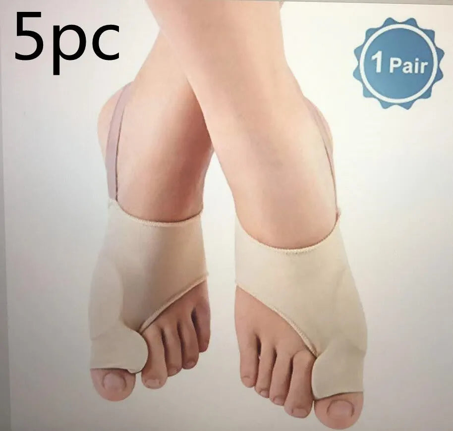 A pair of stretch fabric bunion socks with a soft gel pad and silicone toe separator in sizes small, medium, and large.