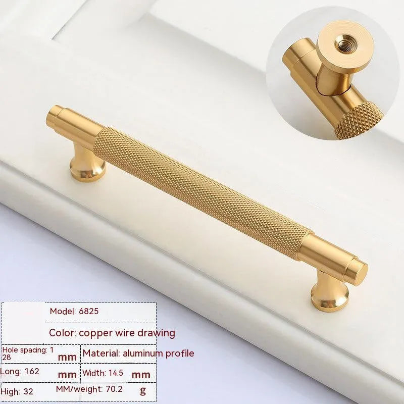 Aluminium alloy furniture handle with brushed brass finish showing multiple hole spacing options
