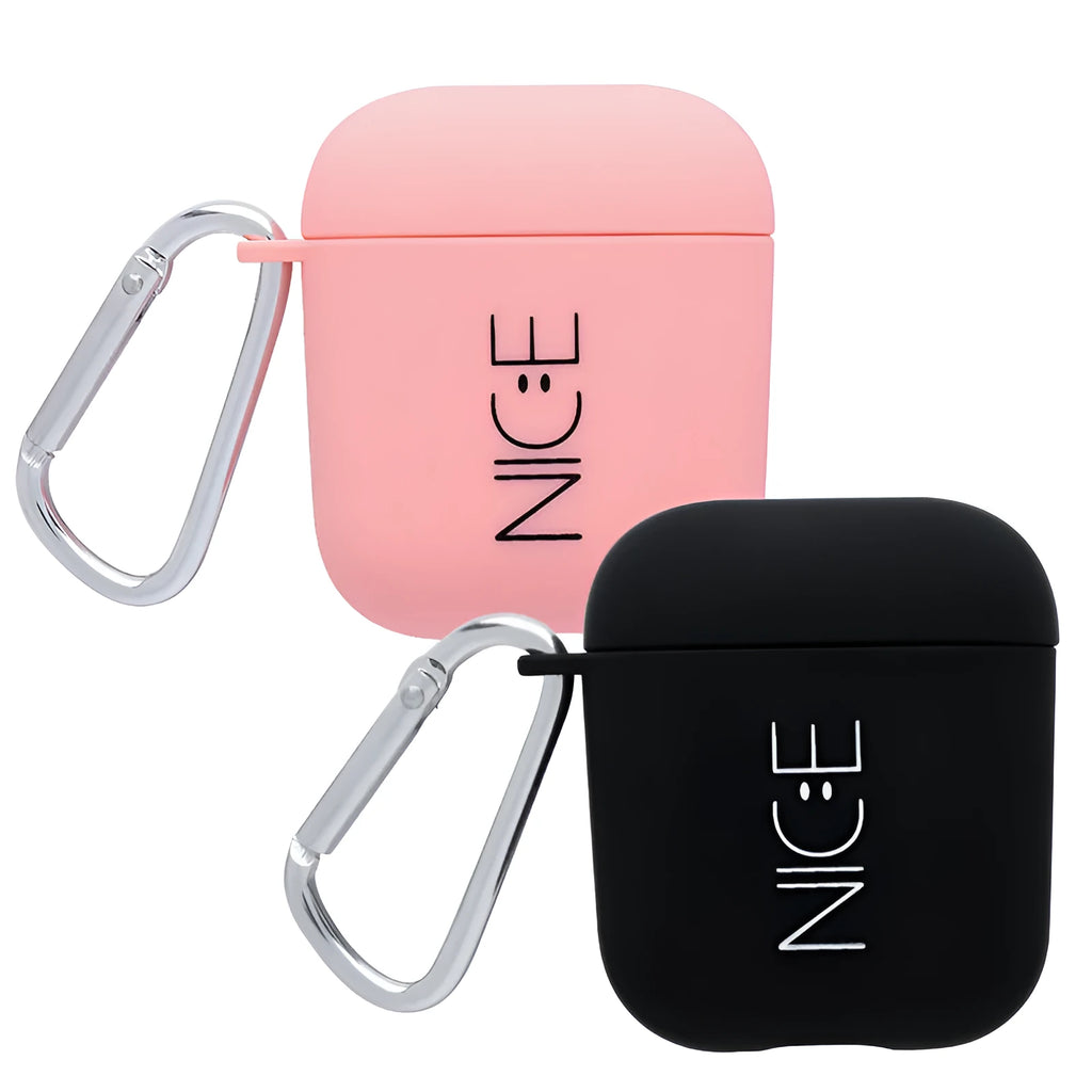 Black and pink Apple AirPods protective case with decorative back cover showing flower and smiley face designs