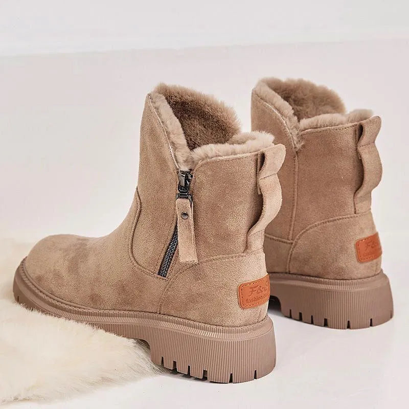 Women's black thick plush snow boot with side zip and faux fur lining