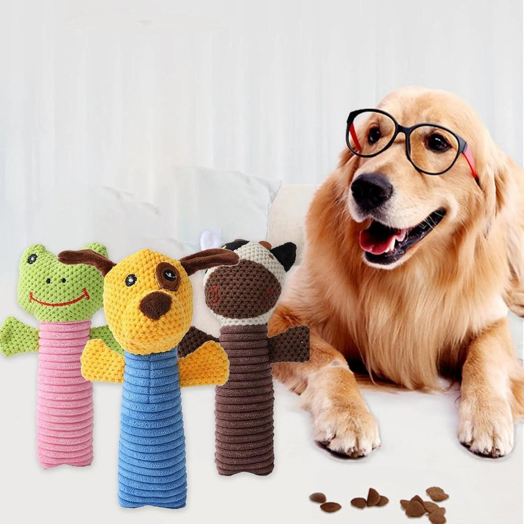 Soft plush dog chew toy in calf, frog, or puppy design with squeaker for dental care