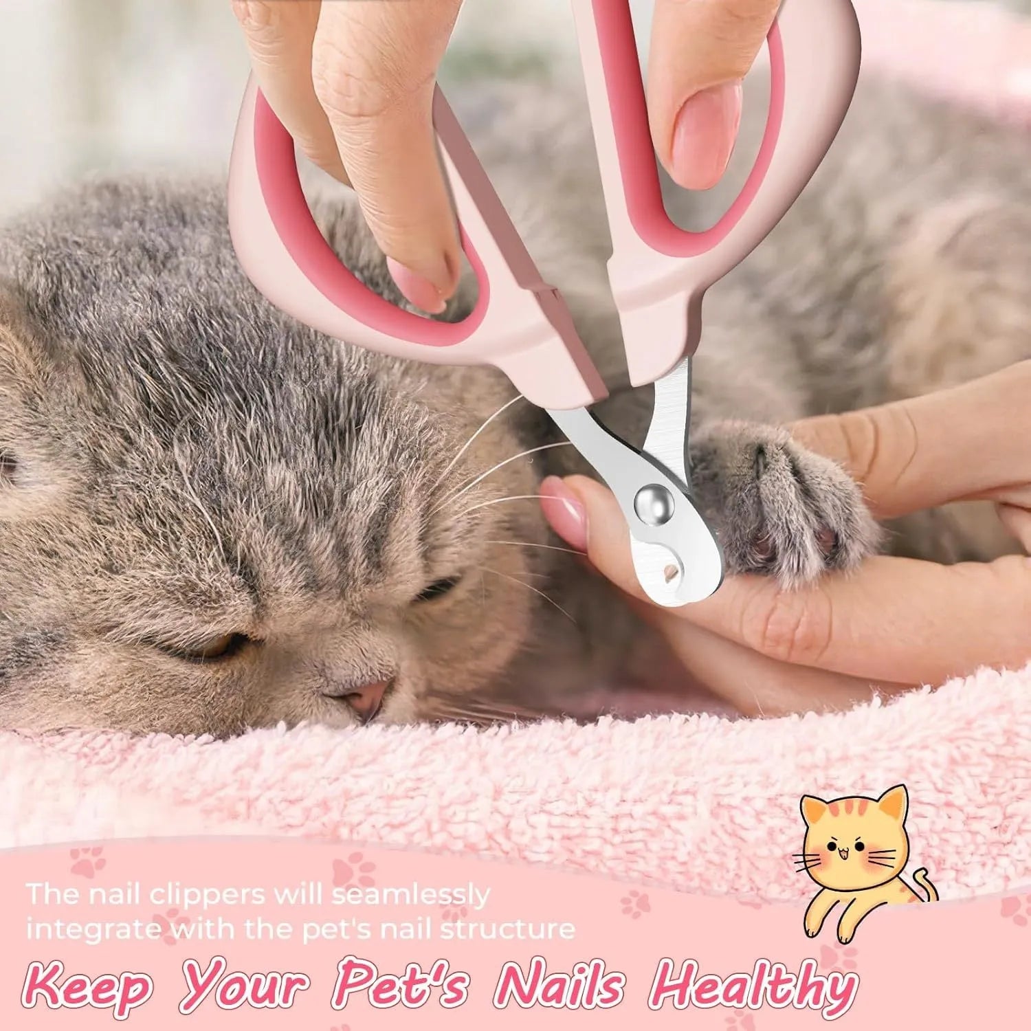 Cat nail clipper with positioning hole and non-slip handle in blue or pink colour