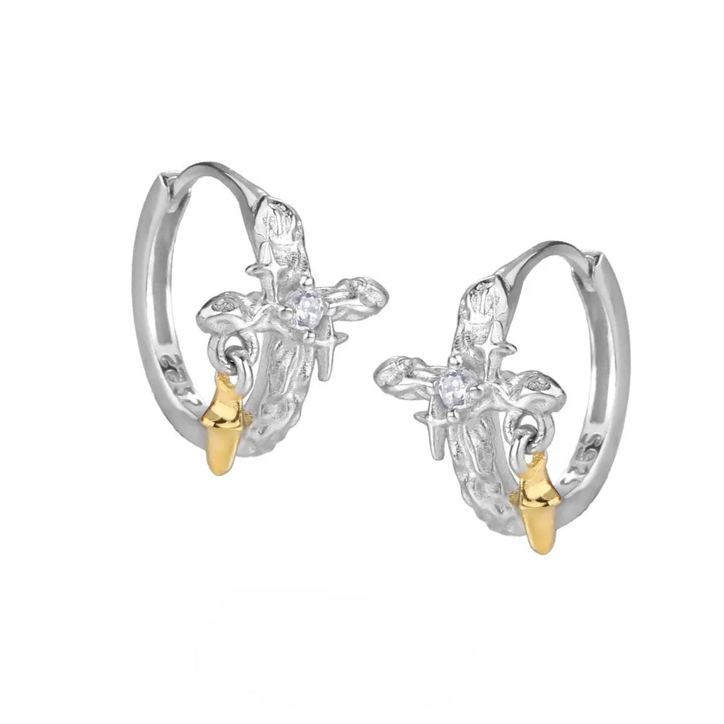 Geometric cross earrings in 925 sterling silver with white gold colour finish featuring round design elements