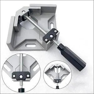 Black aluminium alloy 90 degree right angle clip with 70mm opening on a wooden workbench.