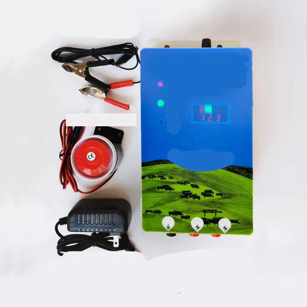 Electronic alarm host unit for a high-voltage livestock electric fence system with charger and ear clips.