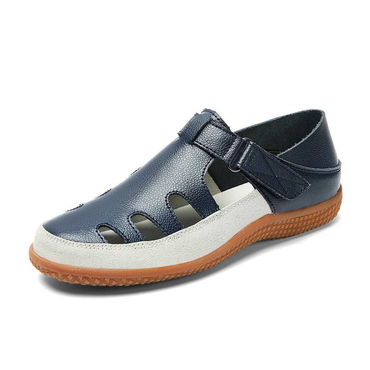 Plus size women's flat heel sandals with hollow toe cap design in blue colour