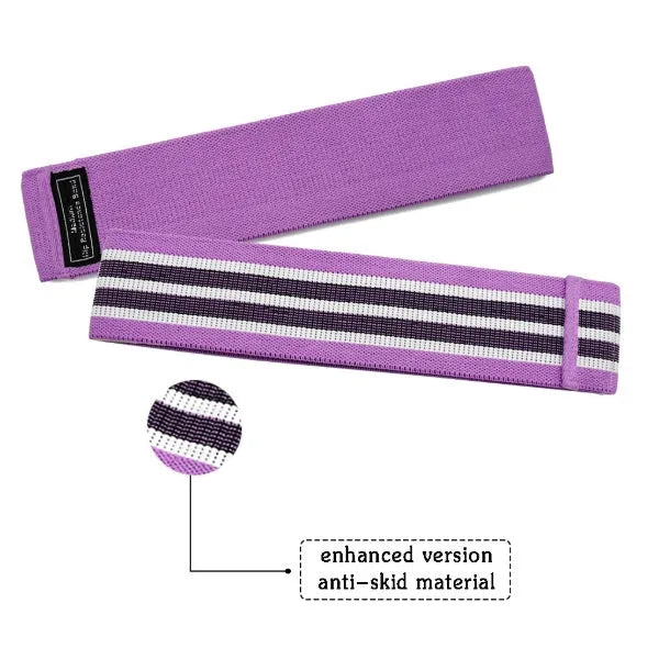 Set of three fabric resistance bands in lake blue, pink, and purple colours with net storage bag