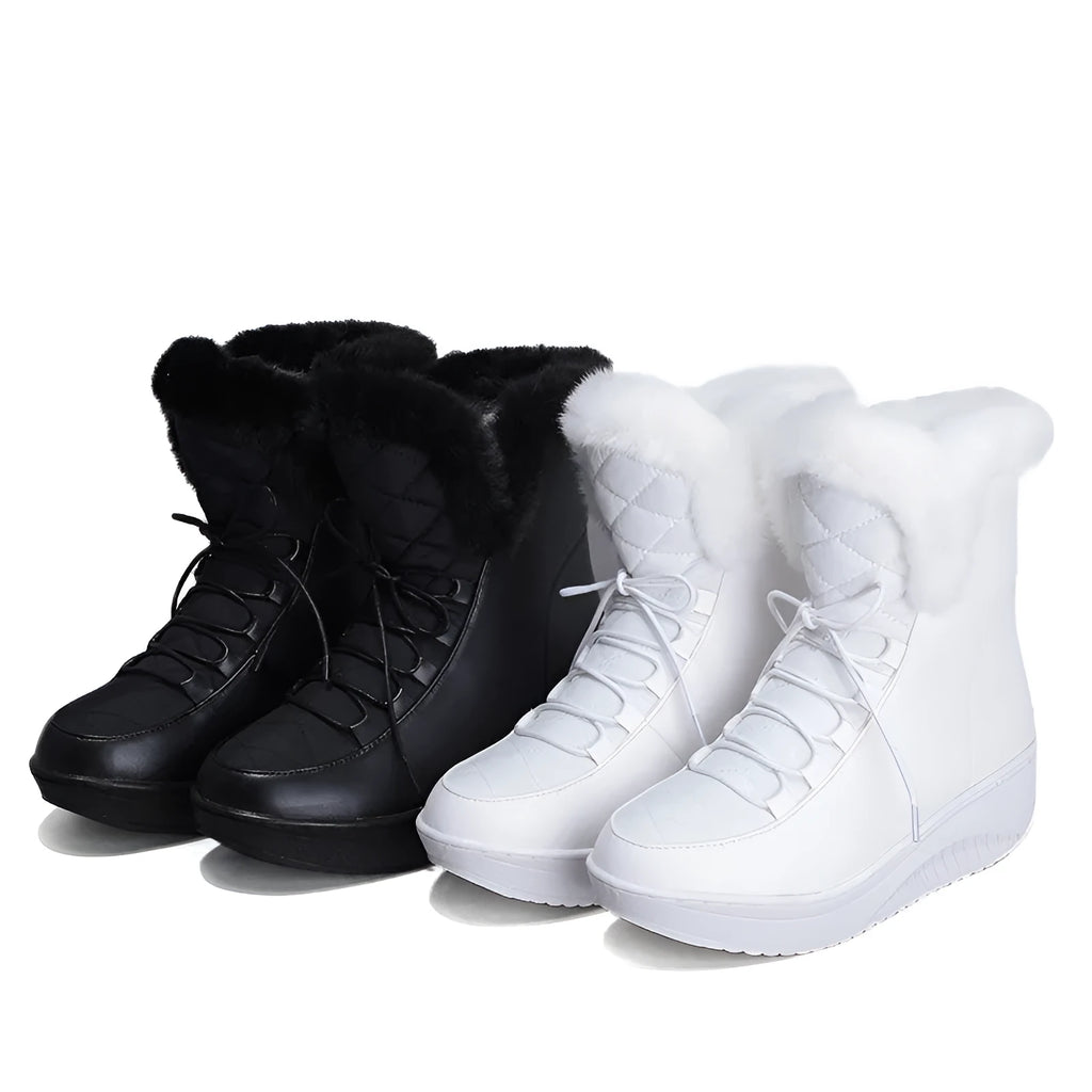 Women's black platform winter boots with lace-up closure and plush lining.
