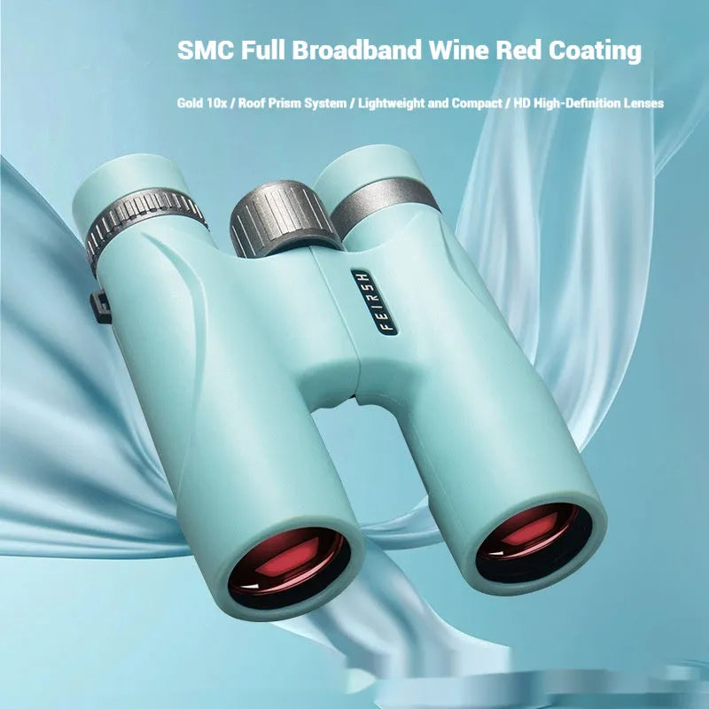 Wine red film imaging bright binoculars in grey or blue colour with 10x32 specifications.