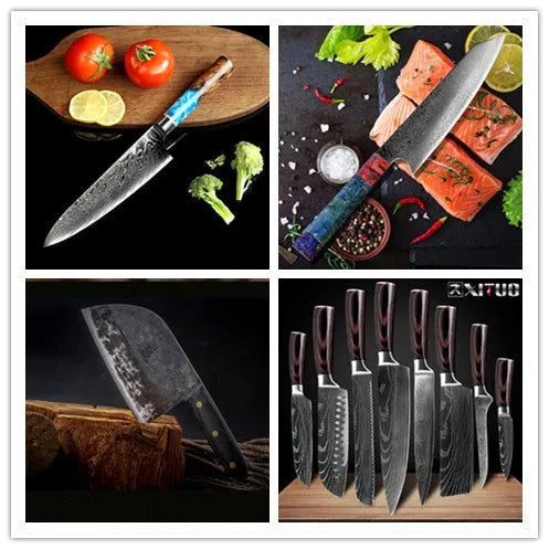 Professional 11-piece kitchen knife set including 4Cr13MoV steel knives, a Damascus steel chef's knife, and a high-carbon steel vegetable knife.