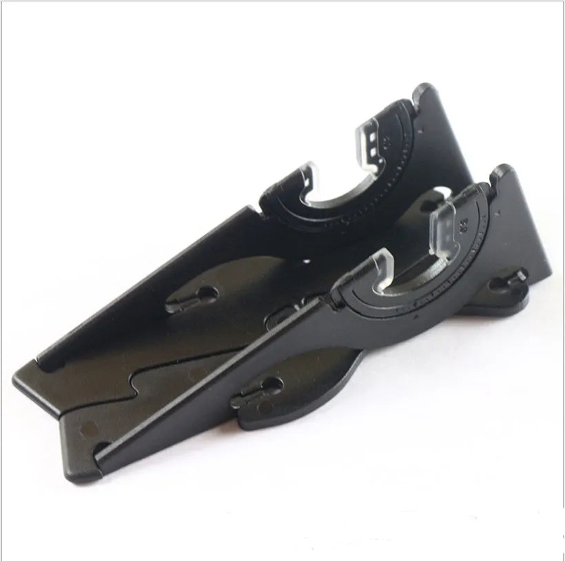 A plastic card-shaped mobile phone holder with a lazy bracket, shown on a desktop.